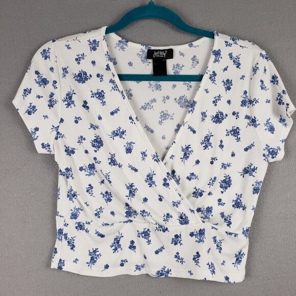 Just Polly Size M Crossover Crop Top White Ribbed Blue Toile Floral Coquette - Picture 1 of 5